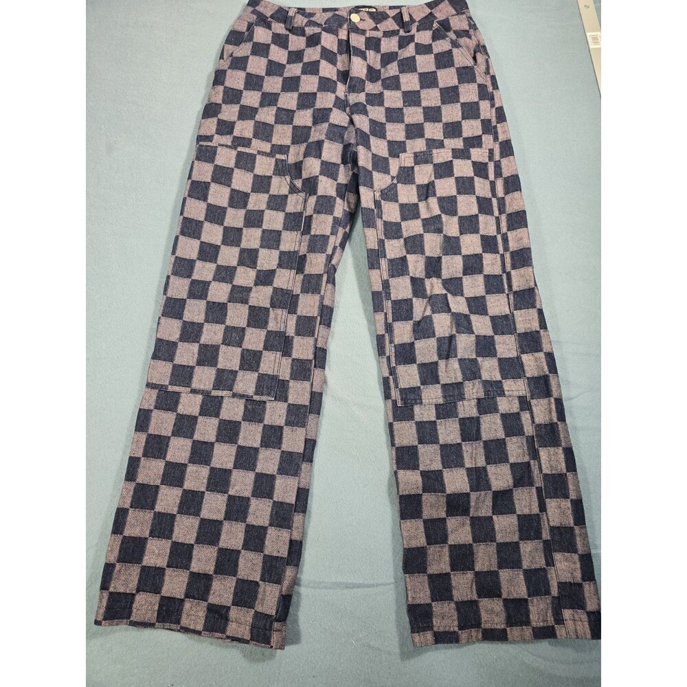 Poster Girl Navy and Purple Checkered Wide Leg Jeans Sz M With Pockets